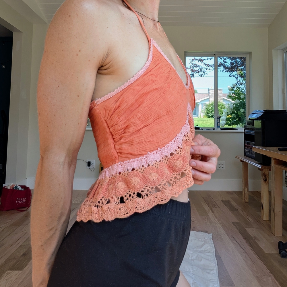 Coral Halter Top with Woven Lace Trim